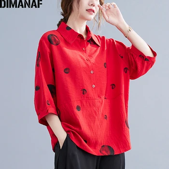 DIMANAF 2021 Godišnje Svakodnevni Košulje Košulje Ženska Odjeća Veličine Vintage Ispis Točke Gumb Ženske Majice Tunike Slobodno pamučno Rublje