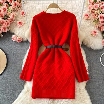 Donje crvenu haljinu-džemper 2021, Novu jesensko-zimsko elegantan haljinu s V-izrez i dugih rukava, вязаное haljina korejski donje mini haljinu s pojasom