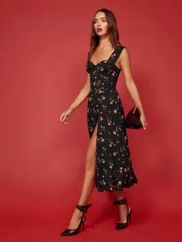 Elegantan haljinu s cvjetnim ispis za žene proljeće ljeto crni seksi v-izrez u obliku svečana ženska odjeća ženska шифоновая obloge midi haljina
