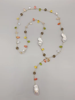 FoLisaUnique Peridot Citrin Dimi Kvarc Biserna ogrlica u baroknom stilu za žene Poklon kristali Metalni nit Modni duga ogrlica