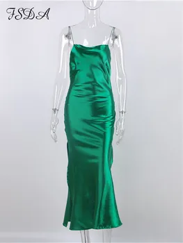 FSDA 2021 Midi Zeleni saten haljina s otvorenim leđima Ženske bez rukava s otvorenim ramenima Klupski seksualno maksi haljina Večernja ljetne odjeće
