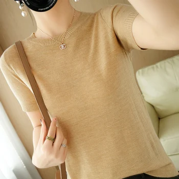 Godišnja bazna monotono t-shirt ženska вязаная casual majica od vune, s kratkim rukavima, bluza ženska ulica odjeća koreanska verzija 2021