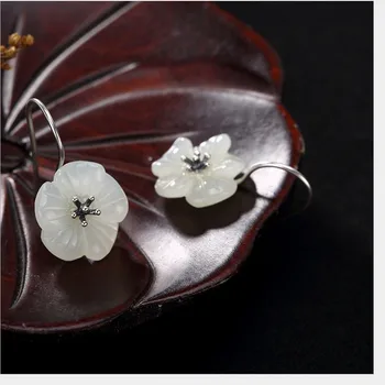 Grungy S 925 Sterling Srebra prirodno Bijeli Žad Cvijet Naušnice za žene unikatni Nakit Cvijet Šljive Brincos Elegantan nakit
