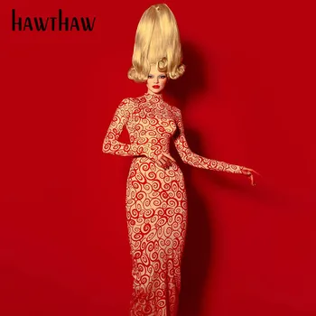 Hawthaw Za žene Jesen Zima dugi rukav po cijeloj površini Maksi crveno duga haljina-olovka 2021 Jesen Odjeća Veleprodaja Proizvoda za Posao