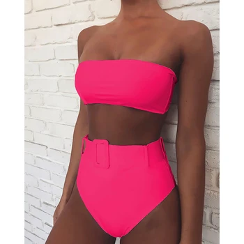 Hot pink se od dva dijela Bikini s visokim strukom 2021 Kupanje бандо Za žene seksi kupaći kostim Push-up Bikini Kupaći kostimi Monotono plaža odjeća