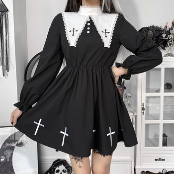 InsGoth Vila Grunge Crno Винтажное haljina Harajuku Gothic Punk Križ Print Čiste mini-haljine sa visokim strukom za djevojčice, Haljine za косплея