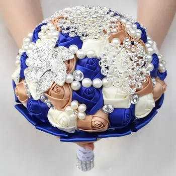 JaneVini 2019 Luksuzni Gorski Kristal Kristal Svadbeni Buket Kraljevski Plava Vjenčanje Cvijet Umjetna Satin Rose Vjenčanje Pribor Za Mladenke