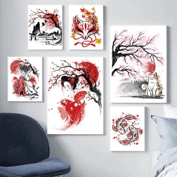 Japanski Koi San Crvena Gejše Дарума Sakura Mačka Platnu Plakat Wall Art ukras Kuće Kawai Uređenje Sobe s Javnošću