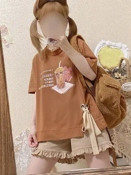 Kawai Moderan majice za djevojčice Za žene sladak čaj s mlijekom, smeđi Vrhovima 2021 Harajuku Estetski Lolita Slatka Anime print Grafički t-shirt