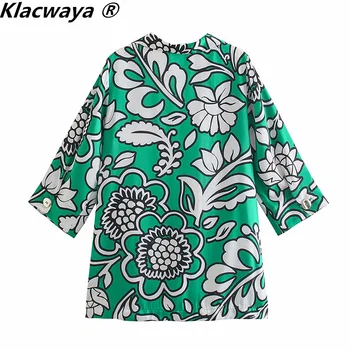 Klacwaya Ženski modni odijelo s po cijeloj površini Vintage zeleni cvijet ljetna bluza Ženske hlače s visokim strukom na niz Slobodnih hlače Setove