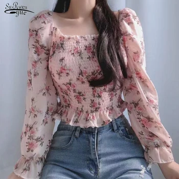 Koreanska verzija seksualne ženske majice na jedno rame 2021 jesenski retro košulje s cvjetnim uzorkom i dugim rukavima шифоновая košulja ženska 15764