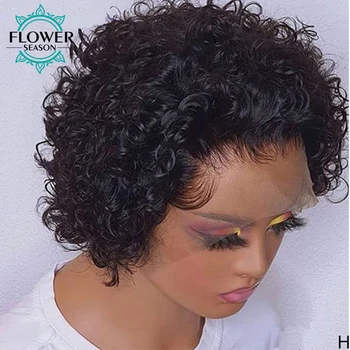 Kratka Perika Pixie frizure Prozirne HD Držači Perike od ljudske kose Za žene Kratkom Kinky Perika Bob 13x6 Perika od čipke 150% Flowerseason