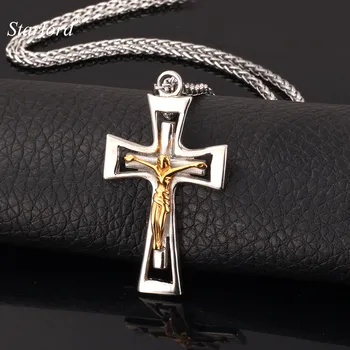 Križ Privjesak Ogrlica Žene Muškarci Kršćanske Nakit Poklon Moda Zlatna Boja Raspeće Isusa Komad od Nehrđajućeg Čelika 316L GP875