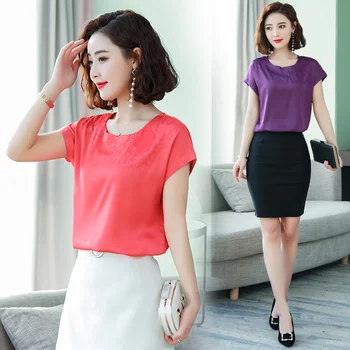 Ljetna Korejski moda Svilene, ženske bluze čvrste ženske košulje kratkih rukava Blusas Femininas Elegantne ženske majice