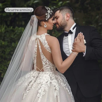 Luksuzne Čipke vjenčanica muslimanske Nevjesta Loptu haljina Novu haljinu bez rukava s vlakom Vjenčanje haljine Plus Size Robe De Mariee