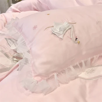 Luksuzni Pink je Super Mekana Prozračni Set posteljine Princeza od Тенсела Bijeli Labud Vez Čipkom na Rubu Deka, posteljina, Jastučnice