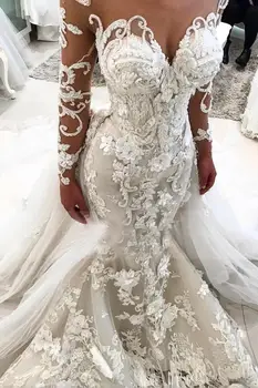 Luksuzno vjenčanje haljina Sirena s 3d Boje sa jasnim cutaway Vestido De Novia S dugim rukavima Plus Size Vjenčanica