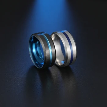 Muška moda 8 mm Crni Brušeni Rub Stepenice i Prsten od nehrđajućeg čelika sa plavim канавкой Za muškarce Zaručnički prsten Pokloni za muškarce