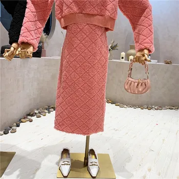 Nova ženska odjeća 2021 Jesen zima V-izrez u obliku medo kratak džemper top + suknju s prorezom na visok struk moderan set od dva komada