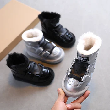 Nove zimske cipele za djevojčice, Dječje zimske tople dječje cipele od umjetne kože s pliš patent-zatvarač za dječake Vodootporne mekani gumeni Dječje cipele za djevojčice