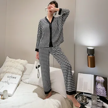 Novi Хаундстут Jesenski ženska пижама Kit Pidžame po cijeloj površini, kao svilene spavaćica za odmor dugi rukav, Osnovna odjeća, Komplet noćni odjeće
