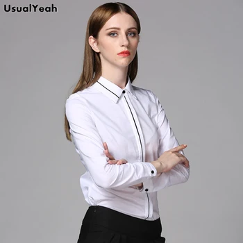 Obično se Nova ženska moda OL Košulja dugih rukava za tijelo Bijeli Radne bluze Košulje u crnu traku Blusas Femininas S-XXL SY0325