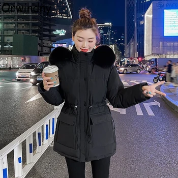 Orwindny Ženska zimska jakna za studente Monotono s kapuljačom Velike krzna parkovi na pertla Istančani modni topli kaput Ženska odjeća odjeća za snijeg