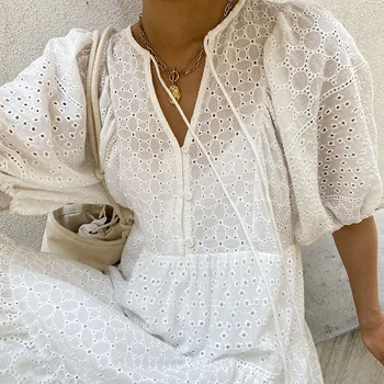 Pamučna Bijela Haljina S izvezenim U Stilu Blogera Francuska Smještaj Haljina Temperament Veliki Haljina-ljuljačka