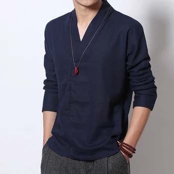 Pamučna i lanena muška t-shirt Jesen moda V-izrez u obliku Retro Kineski stil Košulja dugih rukava Mladih majica slobodna plus size 4XL 5XL