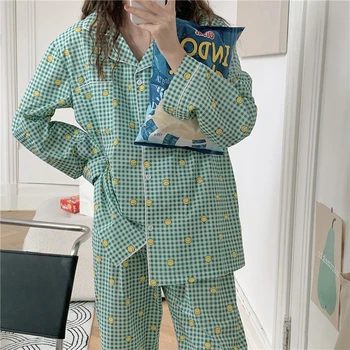 Pidžama svestran slobodni slatki kucni jesen geometrijski nove kariranih pidžame za žene пижамные setove od po cijeloj površini emoticons hlače L435