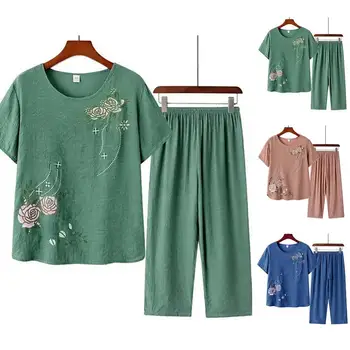 Plus Size Ženska majica kratkih rukava Top Hlače s cvjetnim ispis Slobodna odjeća za odmor Home kostim iz dva dijela Ženski komplet odjeće