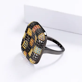 Pretjerano ženski nakit od srebra 925 sterling od crnog zlata Geometrijski kvadrat prsten, инкрустированное šareni prsten s kubični cirkon, Modni večernje uređenje