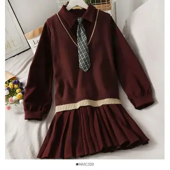 Proljeće i jesen novi uredan odijelo djevojka studentica korejski slobodno плиссированное haljina + pletene prsluk kompleti iz dva predmeta ženski ulični odjeća školski odijelo