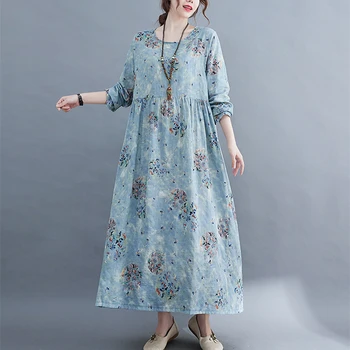 Proljeće i Jesen Pamuka dugih rukava Vintage sive haljine Ženske Svakodnevne Slobodne Odmor Elegantne ženske haljine Haljina je Duga ženska odjeća