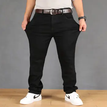 Proljeće/Ljeto Tanke Pamučne muške traper hlače veličine Izravni Slobodni Plus Veličina Muška traper hlače s visokim strukom Protežu Muške hlače crna