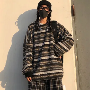 Puloveri Ženski prevelike Ulzzang BF Unisex Par Japanski prugasta pletene džemper Hip-hop Ženski Nova Zimska moda Klasicni Dnevno