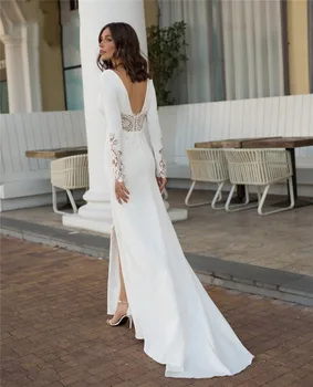 Seksi svadba haljina Sirena s V-izrez i dugim rukavima s čipkastim aplikacije s visokim prorezom Elegantan svadbeni haljina s otvorenim leđima Moderne Vestidos De Noiva