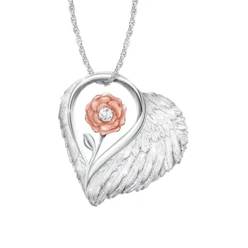 Slatke i Romantične Krila Anđela u obliku srca, Roza Cvijet Gorski Kristal Privjesak Ogrlica Donje Ogrlica Fin Pokloni za godišnjicu,