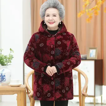 Starije žene Zimska jakna Kaput Plus Size 5XL Za starije osobe Topla odjeća Zgusnuti Topli baršun parkovi s kapuljačom Baka Parka