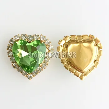 Svijetlo zelena kristalna kopča u obliku srca 12 mm staklo, zlatni okvir, пришитая kristali, koristi se za diy/pribor za odjeću SKHJ19