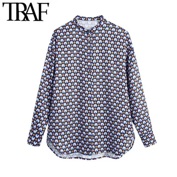 TRAF Ženska moda Geometrijski print s prorezom rub Vintage Bluze dugih rukava na Ženske košulje zakopčane Blusas Šik vrhovima