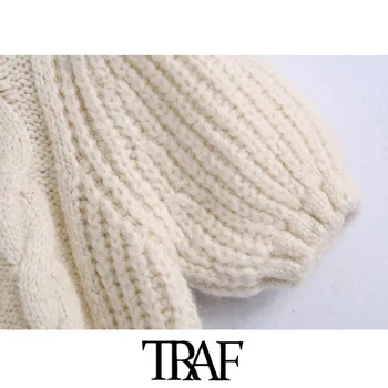 TRAF Ženska moda Kabliranje obvezujuća Skraćene Vintage džemper O-izrez sa zelenim rukavima Ženski puloveri Šik vrhovima
