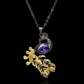 Trendi ženski 925 Srebro ogrlica Ljubičasta Cirkon Privjesak Elegantna ogrlica u obliku pauna od crnog zlata u dvije boje lanac za veste