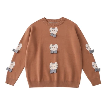 Uredan stil Slatka Mačka Dizajn Ženski pulover okruglog izreza Novi high-end pamuk pletene Top Casual džemper