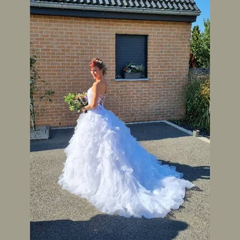 Vjenčanica Luksuzna slatka trapeza čipka-up Svadba haljina bez rukava s aplikacija do poda Tila Mladenka Vjenčanica