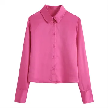 Za Za žene 2021 Jesen Nova moda Svila saten tekstura Vintage Bluze zakopčane s dugim rukavima Ženske košulje Blusas Šik vrhovima
