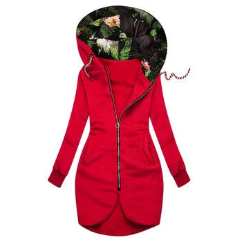 Zimska jakna Visoke kvalitete Kaput s kapuljačom Ženska moda jakna s cvjetnim ispis Jakna zip Majica dugih rukava Kaput zimi toplo