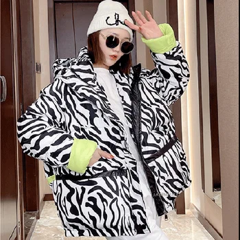 Zimsko donje haljine na pamuk obloge Ženska moda Slobodan debeli topli parkovi s kapuljačom svakodnevne Ženske jakne s ispis Zebra i dugim rukavima