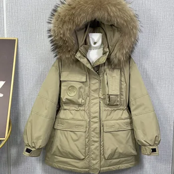 Ženska zimska dolje jaknu Korejski prirodna dlaka Krzna ovratnik Srednje dužine 2021 Nova tanak struk Bijela patka Tople ženske jakne odjeća