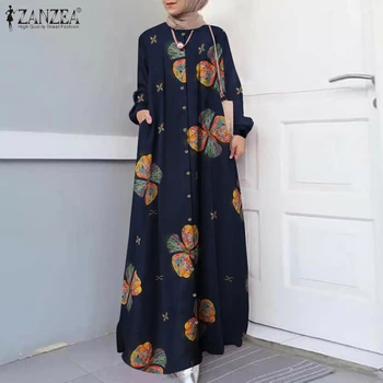 Винтажное muslimansko haljina Abaja Hidžab ZANZEA Proljeće dugih rukava s cvjetnim ispis Maix Dug сарафан Dubai Islamska Odjeća, Ogrtač Femme